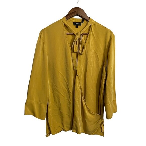 Theory Womens Mustard Yellow 100% Silk Tie Neck Faux Wrap Blouse Size Large - Picture 2 of 7